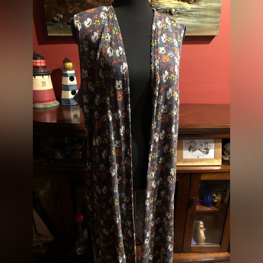 LuLaRoe Navy blue Floral Ribbed Long Vest burnt Orange & Yellow flower Accents